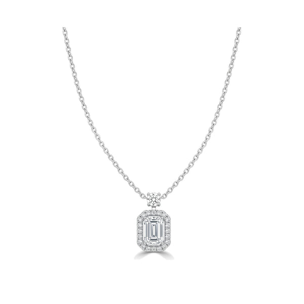 Emerald-Cut Lab-Grown Diamond Halo Necklace, 1.60 ctw, 18K White Gold