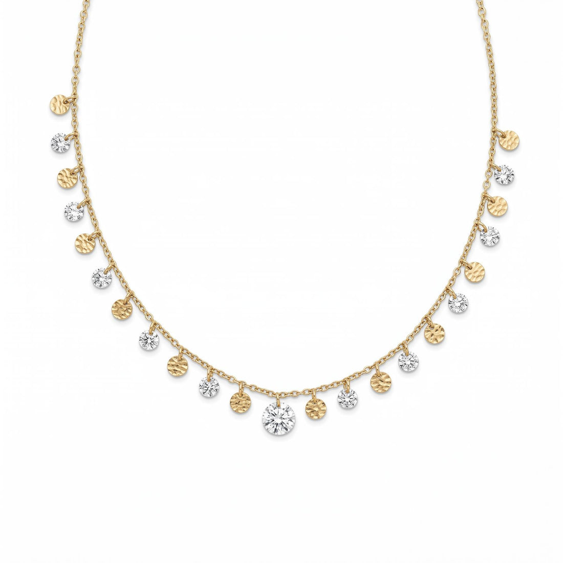 Product image of The Cascade 18K Gold Hammered Disc Fringe Statement Necklace.