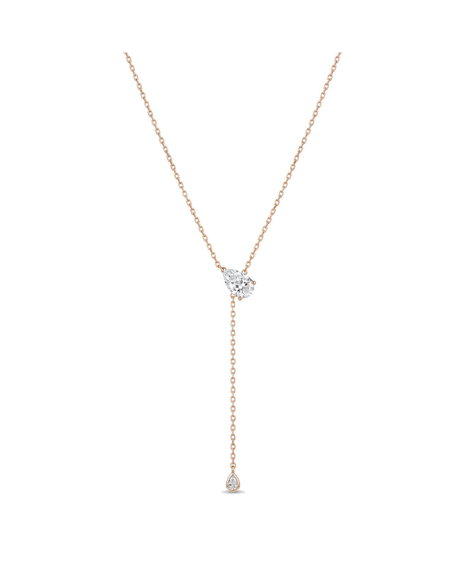Dual Diamond Lariat Necklace | 1ct Heart & Pear Lab Diamond | 14K/18K Gold