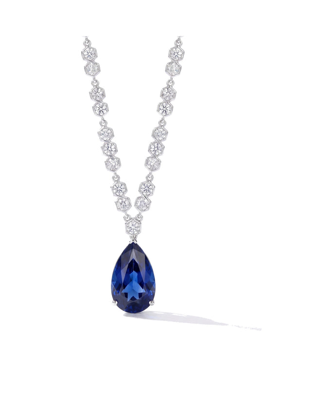 Lab-Grown Blue Sapphire & Rose-Cut Diamond Tennis Necklace | Pear Cut | 18K White Gold