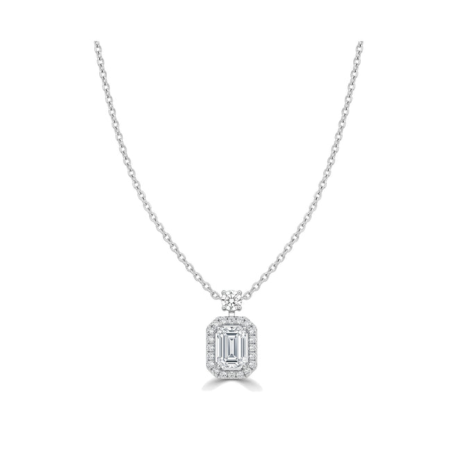1.60ctw Emerald-Cut Lab-Grown Diamond Halo Necklace in 18K White Gold