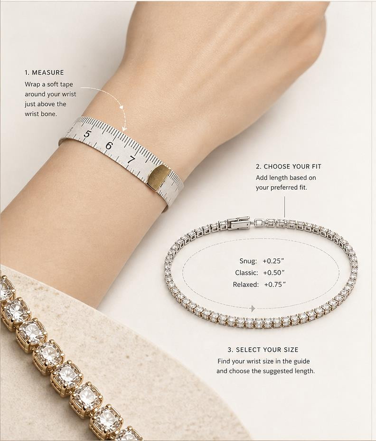 Illustrated wrist measurement and tennis bracelet fit guide